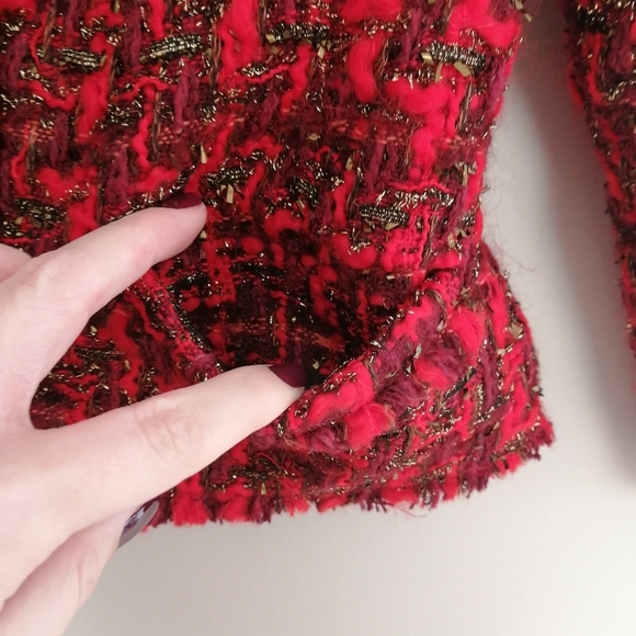 IRO Disco Frayed Metallic Bouclé-Tweed Blazer Jacket Red Wool Open Front 34 2 US - Picture 11 of 17